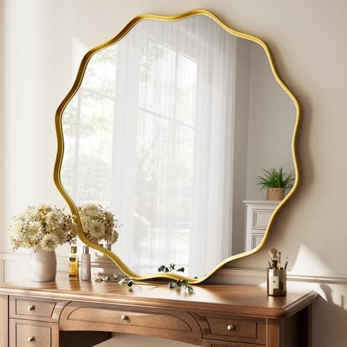 Image of Koonmi Wavy Edge Large Round Mirror, 90cm Wall Mirror with Textured Round Metal Frame, be Hung or Placed against the Wall, suitable for Bathroom, Corridor, Entrance, Living Room, Gold