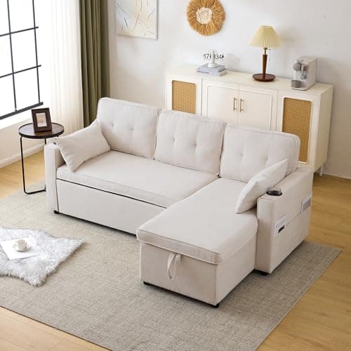 Image of Merax 3-in-1 Convertible Sofa Bed with Chaise & Internal Storage, L-Shaped Sleeper Sofa with Cup Holders, Pillows, & Storage Pocket – Pullout Sectional Daybed for Living Room/Bedroom/Office – Beige
