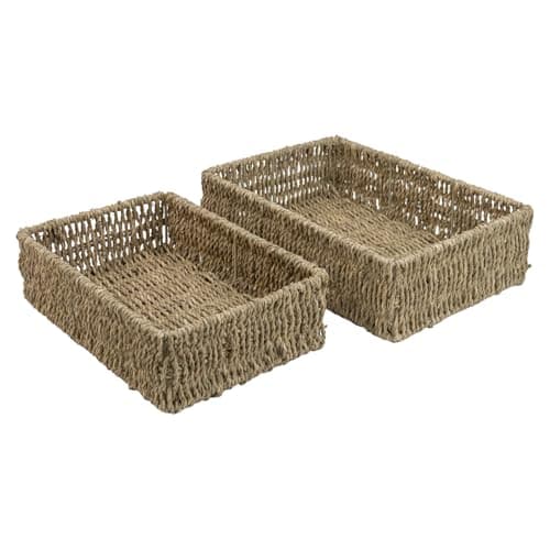 Image of JVL Set of 2 Rectangular Hand Woven Seagrass Storage Baskets – Natural Home Storage Organiser Set, Brown