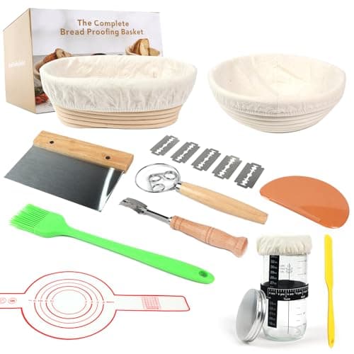 Image of KinConnyen.® Sourdough Starter Kit.Round & Oval Sourdough Proving Basket,100% Natural Rattan, 600ml Sourdough Starter Jar,Bread Lame, Dough Whisk, Scrapers & Brush.Gift Package