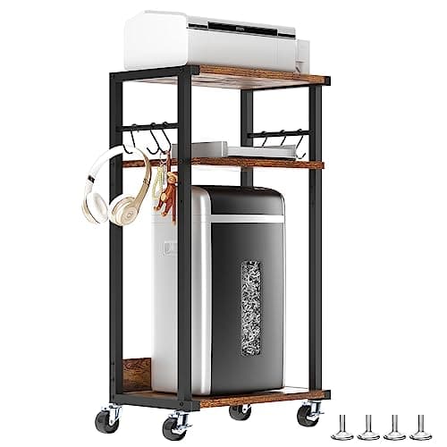 Image of YMYNY Mobile Printer Stand, 3 Tier Under Desk Home Printer Cart on Wheels, Industrial Height Adjustable Wood Rolling Printer Table for Fax Machine, Scanner 44×30×82CM Rustic Brown and Black HPT002H