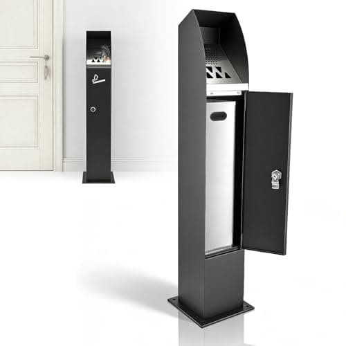 Image of Commercial Galvanised Steel Outdoor Bin with Lockable Lid & Removable Floor Standing Bin – 90cm Stainless Steel Recycling can for Garden, Patio, Pubs, Restaurants, Clubs, Black