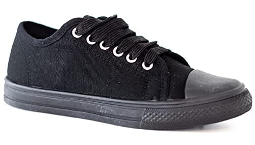 Image of Ladies Unisex Flat Casual LACE UP Girls Pumps Canvas Plimsolls Womens Trainers Shoes Gym Sports Trainers Lightweight Comfortable PE All Black