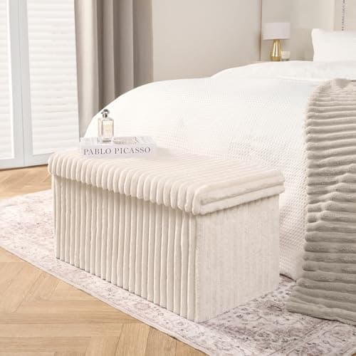 Image of OHS Rectangle Storage Ottoman Box, Modern Cream Ribbed Footrest with Hidden Storages Padded Large Storage Ottoman with Lid Space Saving Bench for Living Room Bedroom, One Size