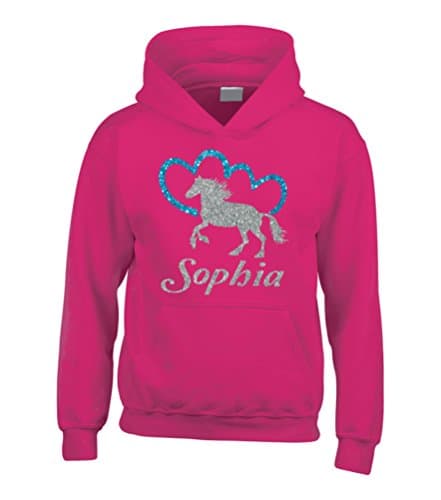 Image of M 12-14 (40") Fuchsia Hoodie with Silver & Blue Sparkling Glitter Print 'Named Sparkling Horsey & Heart'