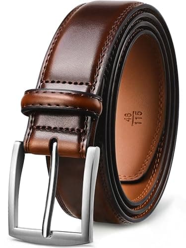 Image of GSG Mens Leather Belts Double Stitched Belts for Jeans, Suits, Work, Uniform with Single Prong Buckle Dark Brown 34-38 inch