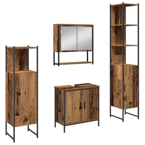 Image of HGPOTUY Modern Bathroom Furniture Set with Shelf 4 Pcs Brown Engineered Wood Sink Cabinet Mirror and Tall Storage for Toiletries