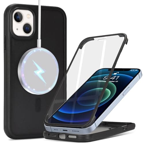 Image of Zouzt Matte Case for iPhone 13 Mini 5.4" with Screen Protector Compatible with Magsafe, Glass Screen Protector 360 Full Body Protective Shockproof Magnetic Phone Case, Anti-Fingerprint - Black