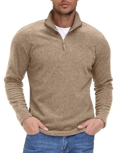 Image of EKLENTSON 1/4 Zip Jumper for Men Winter Outdoor Fleece Pullover Sweatshirts Long Sleeve Fleece Sweater Shirts Tops Stand Collar Khaki,M