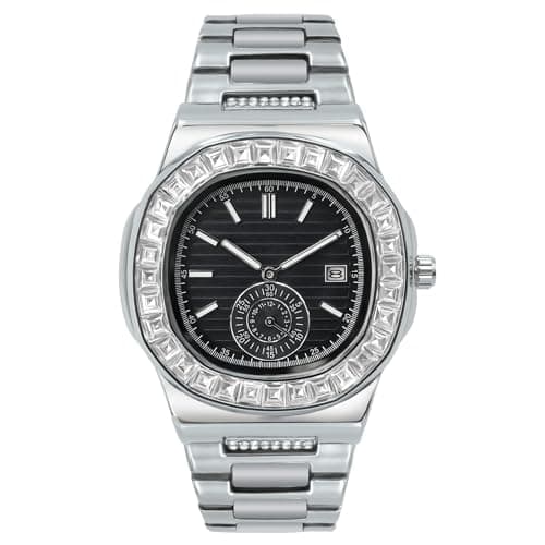 Image of BARAMON Wrist Watches for Men, Nautilus Stainless Steel Quartz Movement Date Luxury Diamond Style Men's Luminous Hands Casual Business Watches, Silver Black