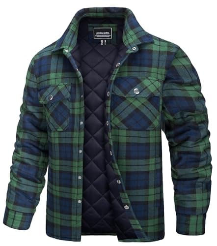 Image of TACVASEN Lumberjack Shirt Men Plaid Padded Work Shirt Quilted Flannel Shirts Jacket Cotton Warm Checked Jacket with Pockets Green,L