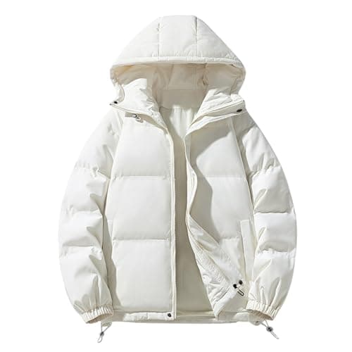 Image of DUHENWU Quilted Jacket For Women UK Hooded Puffer Down Coat Short Winter Jacket Lightweight Waterproof Jackets with Fur Hood Plus Size Trench Coat Long Sleeve Warm Outwear Jackets UK Size White