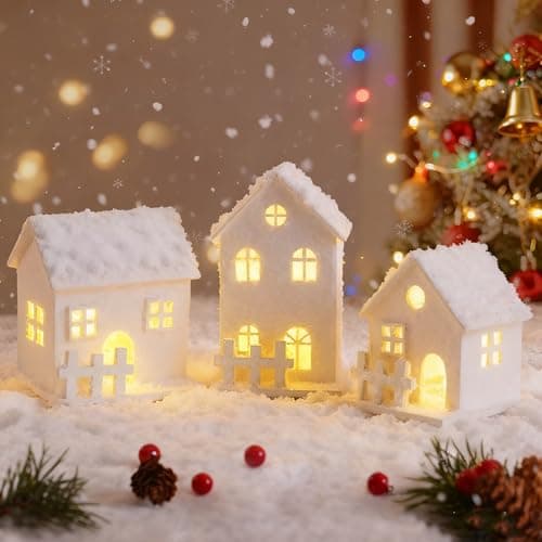 Image of 3 Pcs Snowy Scene Christmas Village, White LED Houses, Battery Operated Ornaments, Xmas Decoration Set