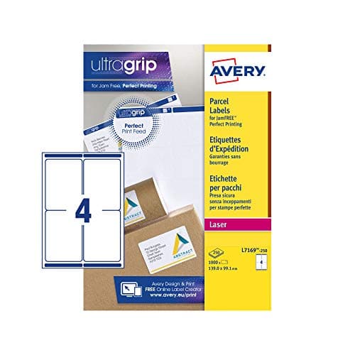 Image of Avery JamFREE, Printable, Block Out Parcel Labels, Customisable, 139 x 99.1 mm, White, 4 Labels per Sheet, 1000 Labels per Pack (L7169-250)