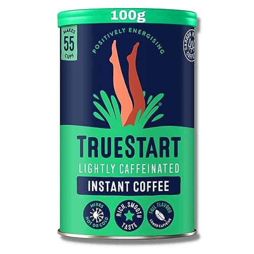 Image of TrueStart Instant Coffee - Barista Grade Lightly Caffeinated, Premium Freeze Dried - 50:50 Colombian & Brazilian Arabica - Mycotoxin-Free & Antioxidant Rich Half Caf Coffee - 100g, 1 Pack, 55 Cups