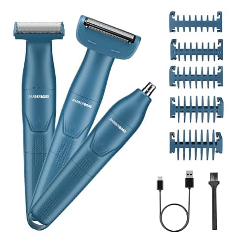 Image of BarberBoss 3-in-1 Men’s Precision Trimmer, Beard and Hair Grooming Kit for Men, Body Groomer, Nose & Ear Trimmer, Rechargeable Cordless Shaver with USB Charging, 3-in-1 Men’s Shaver (Blue)