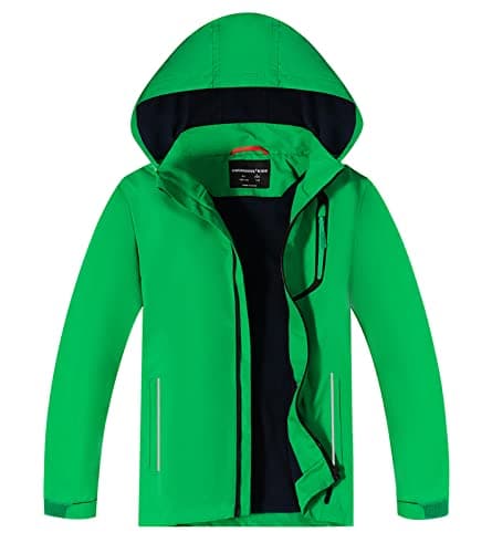 Image of YoungSoul Boys Girls Waterproof Jackets Kids Lightweight Fleece Lined Raincoat School Coats with Detachable Hood Green 7-8 Years
