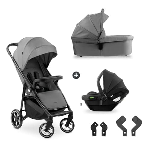 Image of hauck Shop N Care Trio Set, Grey - Lightweight Pushchair (only 8.5 kg) Travel System with Pram Unit & i-Size Car Seat from Birth, Snack Tray, Cup Holder & Raincover, Fully Reclining up to 22 kg