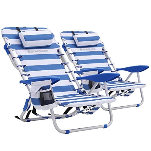 Image of SONGMICS Portable Beach Chairs, Set of 2, with Pillow, Foldable, Reclinable, Carry as a Backpack, Outdoor Chairs, Blue and White Stripes GCB62BU02