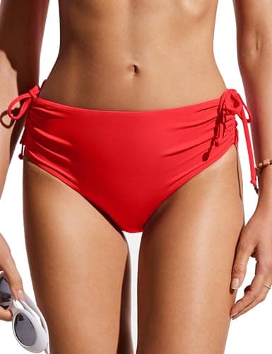 Image of CRZ YOGA Women's Middle Waisted Bikini Bottoms Adjustable Drawstring Side Tie Ruched Swim Briefs Athletic Sports Swimsuit Deep Red 10