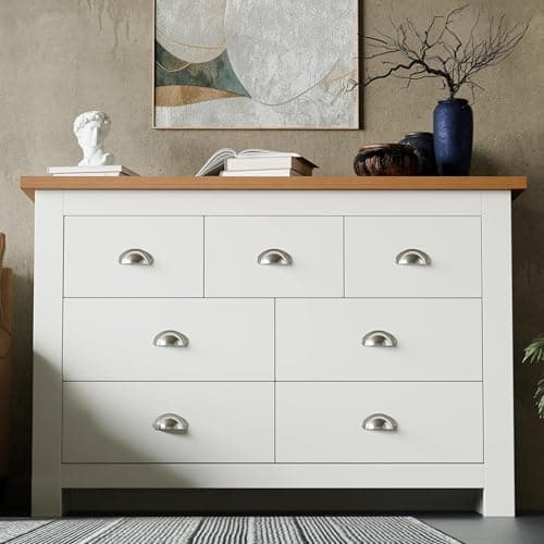 Image of Blisswood Chest of Drawers, 4+3 Drawer for Bedroom Furniture Storage Cabinet Unit with Oak Top, MDF Wood Sideboard Chest for Living Room, Wardrobe Hallway Furniture, White/Oak 42Dx 108.5Wx 81.2H CM