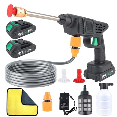 Image of Cordless Pressure Washer, 12V Cordless Power Jet Washer, High-Pressure Water Cleaner with 2 Batteries, 2-in-1 Nozzle, 5M Hose, Foam Kettle, Portable Power Washer for Car, Patio, Garden Cleaning