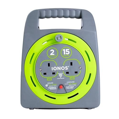 Image of IONOS 2 Socket Cable Reel, 15m, Green, 13 Amp, Thermal Cut Out, Heavy Duty, Outdoor Extension Lead, Ideal for Garden, DIY, Workshop, Power Tools (ION15M2SHBCR2)