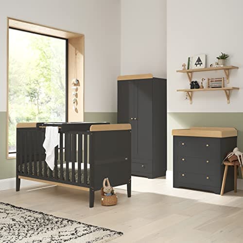 Image of Tutti Bambini Rio 3-Piece Nursery Furniture Set - 2-in-1 Baby Cot Bed, Baby Changing Table with Drawers + Nursery Wardrobe for Baby Storage, Baby Furniture Set, Baby Storage (Oak & Slate Grey)