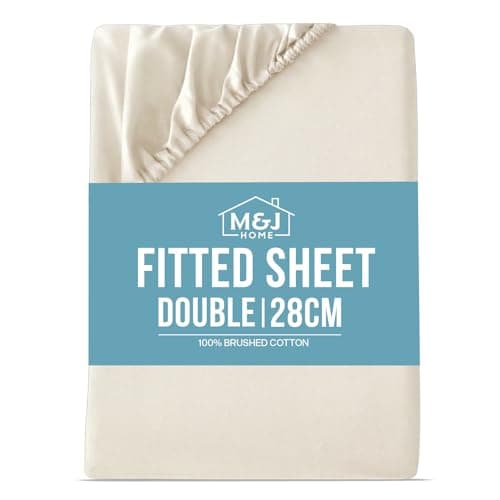 Image of M&J Home Double Bed Fitted Sheet Cream - 28cm Pocket Depth - 100% Brushed Cotton - 140g Fabric Weight - Thermal Comfort - Machine Washable - OEKO-TEX Certified