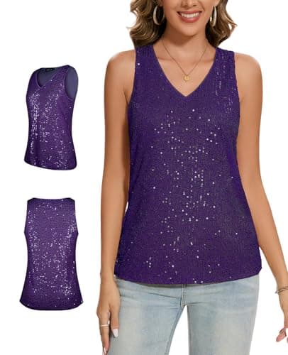 Image of MINTLIMIT Stylish V Neck Sequin Tank Vest Top for Women with Full Body Lining Great for Spring, Summer, and Fall (Purple XL)