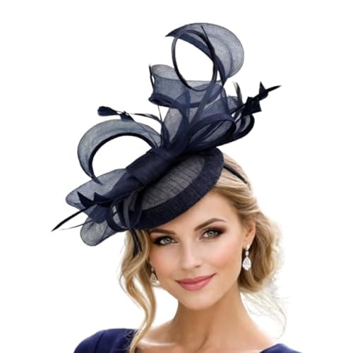 Image of Women’s Pillbox Fascinator Hat – Round Sinamay Disc with Bow & Feather Accents, Headband & Clip Fastening, Wedding, Race Day, Royal Ascot, Tea Party, Formal Event Headwear (Black)