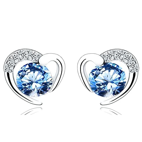Image of Silver Stud Earrings for Women, Stud Earrings Blue Cubic Zirconia Heart Studs│Dainty Earrings Jewellery Gifts for Girls