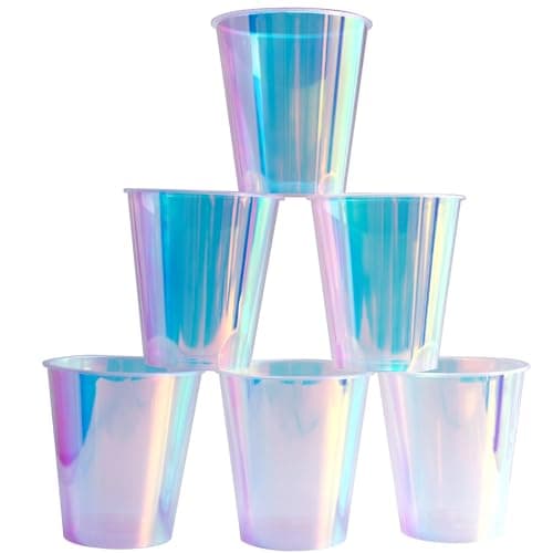 Image of MnhoMnrn 25 Pcs Iridescent Clear Plastic Cups 12oz Fancy Thick Neon Disposable Drinking Cups Cute Glitter Holographic Hard Plastic Cup for Party Decoration (Clear)