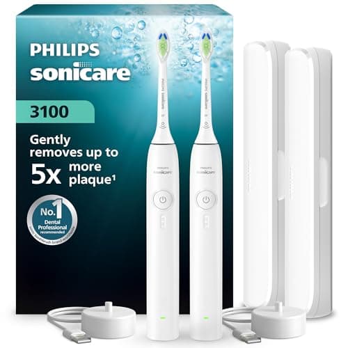 Image of Philips Sonicare 3100 Series Electric Toothbrush - Sonic Toothbrush with Pressure Sensor, 3 Intensity Levels, EasyStart, SmarTimer, 14-Day Runtime, Travel Case, White, 2 Pack, HX4072/41, [New]