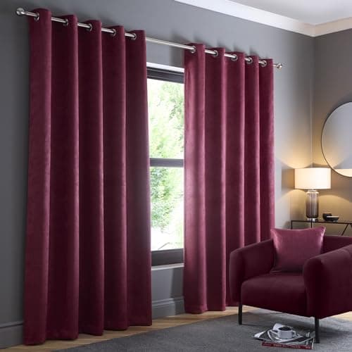 Image of Fusion Strata Eyelet Curtains – W66 x L90 (168x229cm) – Wine Red – Thermal Drapes – 2 Panels – Dark Red Door Curtains – Bedroom & Living Room – Modern Style – Light Blocking Fabric