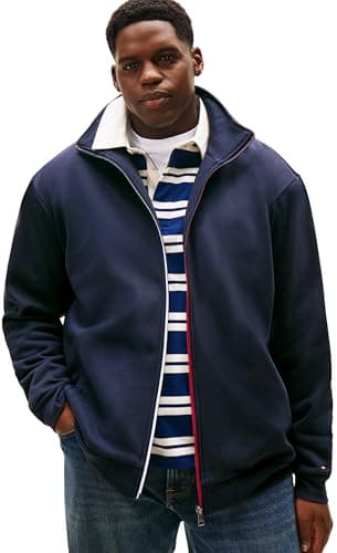 Image of Tommy Hilfiger Men’s Global Stripe Zip Through Sweatshirt with Stand Collar, Blue (Desert Sky), 2XL