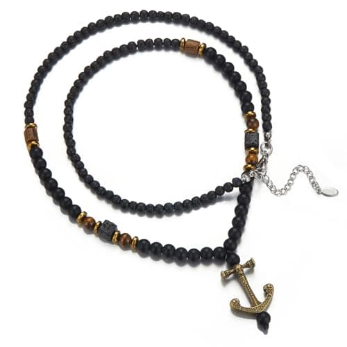 Image of Dazylleco Mens Long Beaded Necklace Black Bead Necklace with Pendant Costume Jewellery Birthday Gifts for Him(24025)