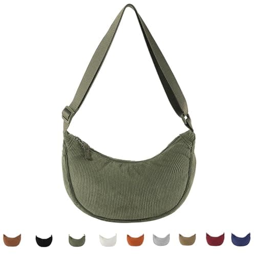 Image of Crescent Bag for Women, Corduroy Half Moon Bag Crescent Crossbody Bag Dumpling Bag Solid Color Hobos Crossbody Bags with Adjustable Strap for Travel Work School Daily Use (Army Green)