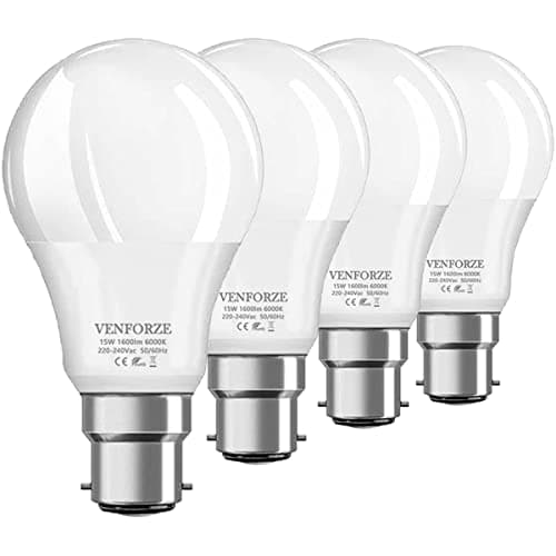 Image of Venforze Bayonet Light Bulbs 150 Watt Equivalent, 15W A60 B22 LED Bulbs, Super Bright 1600LM, Daylight White 6000K, BC Energy Saving Bulbs, Non-dimmable, 4P