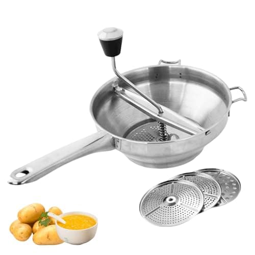 Image of Food Mill - Food Mill Stainless Steel with 3 Discs | Rotary Food Mill Sieve Grater | Manual Tomato Sauce Maker | Hand Food Mills for Potatoes, Jams, Canning | Baby Food Masher & Bowl