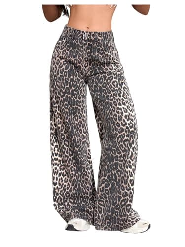 Image of GORGLITTER Leopard Print Jeans for Women UK High Elastic Waist Baggy Loose Streetwear Denim Trousers Brown Large