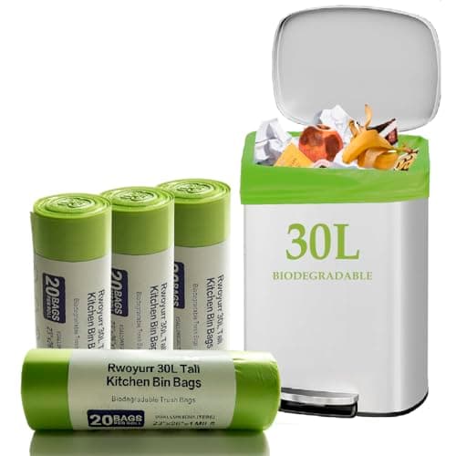 Image of Rwoyurr 30 Litre Compostable Bin Liners, 80 Counts Thicken Biodegradable Food Waste Bags, Recycling Pedal Trash Bag Compost Caddy Liner Tall for Kitchen Office Bathroom 8 Gallon, Green, 60 X 65cm