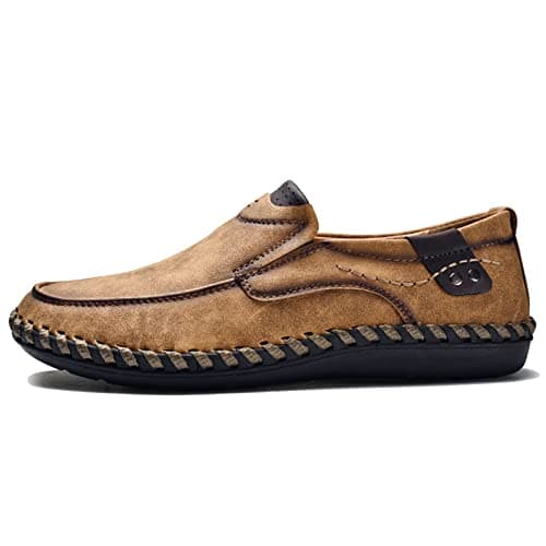 Image of Hoefirm Men's Loafers Flat Leather Slippers Casual Slip on Shoes Breathable Moccasin Hand Stitched Shoes Brown 12.5uk