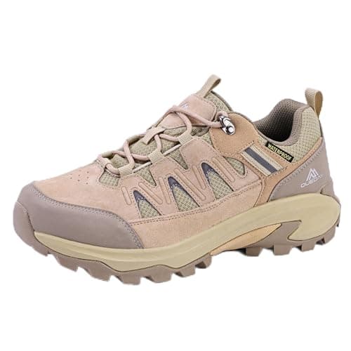 Image of Queday Womens Leather Waterproof Hiking Shoes Lightweight Outdoor Walking Shoes Breathable Suede Hike Trekking Trails Camping Climbing Tan Sand Size 40