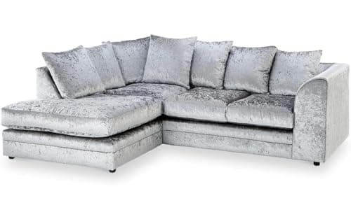 Image of Silver Crystal Crushed Velvet Corner Sofa | 3–4 Seater Luxury L-Shaped Sofa | Left or Right Hand Chaise | Scatter Back Cushions | Modern Upholstered Couch for Living Room & Office (Silver, Left Hand)