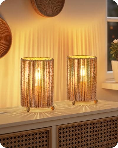 Image of GOEBLESON Small Rattan-Style Table Lamp Set of 2, Handwoven Paper Lampshade, 4W 2400K LED Bulb Included, Boho Bedside Lamp, Desk Lamp for Living Room, Striped Lampshade ZS11TLKP205N1
