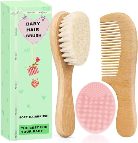 Image of Molylove Baby Hair Brush and Comb Set for Newborns & Toddlers | Wooden Baby Brush Set with Soft Goat Bristles l Wood Comb l Pink Cradle Cap Brush| Ideal for Cradle Cap (3PCS)