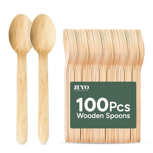 Image of Zuvo Disposable Wooden Spoons (Pack of 100) – Eco-Friendly, Biodegradable Birchwood Cutlery for Parties, Picnics, and Catering – Sturdy and Compostable, Brown