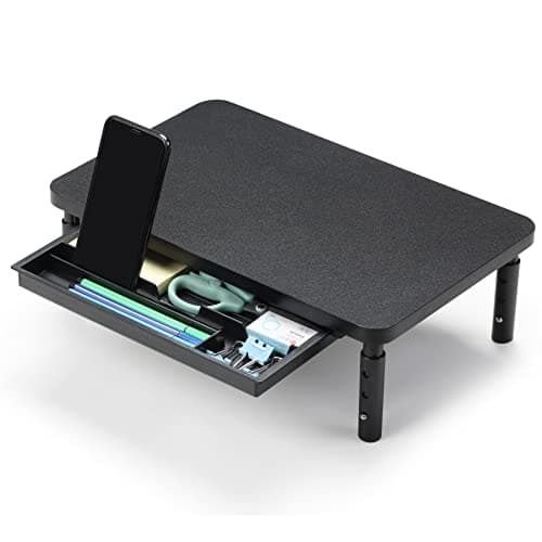 Image of ETHU Monitor Stand Riser with Storage Drawer, Solid Wood Desktop Organiser with 3 Height Settings, Ergonomic Computer Monitor Shelf for Home Office Desk, Fits Laptop PC iMac Printer (Black)