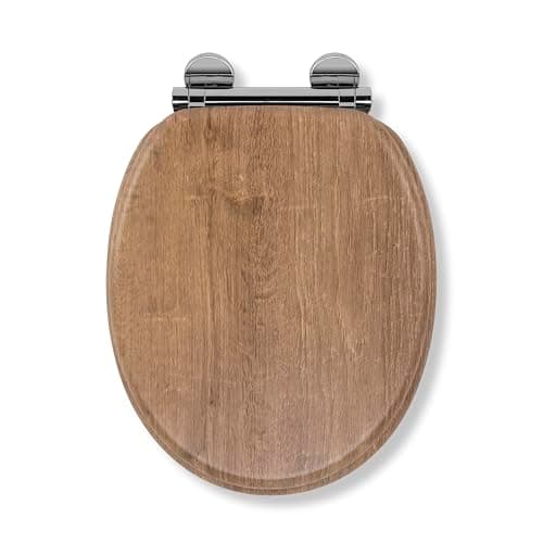 Image of Croydex Ontario Flexi-Fix Soft Close Wooden Toilet Seat - Flexi-Fix Adjustable Stainless Steel Hinges, Quick Release Button and Anti-Bacterial Wood, Rust and Stain-Free Chrome Plated Hinge Covers